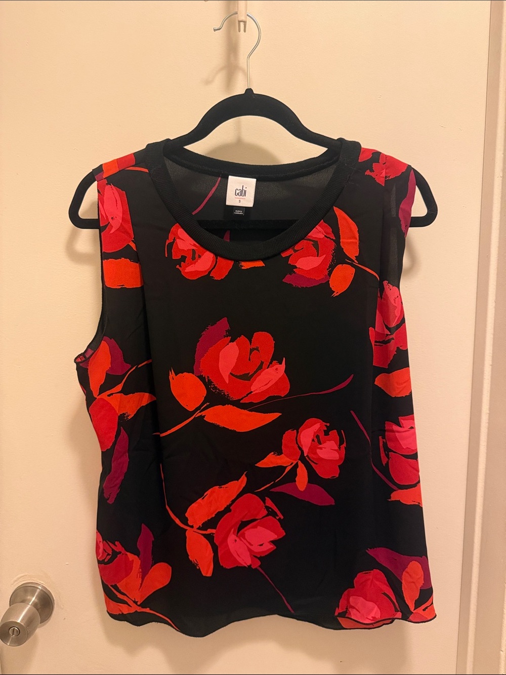 CAbi Black Tank with Red and Pink Floral Print